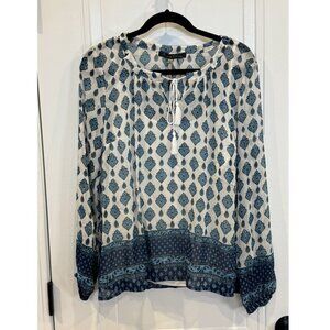 NWT Rose & Olive Peasant Blouse Blue White Sheer w/ Tank Top Lining Long Sleeve